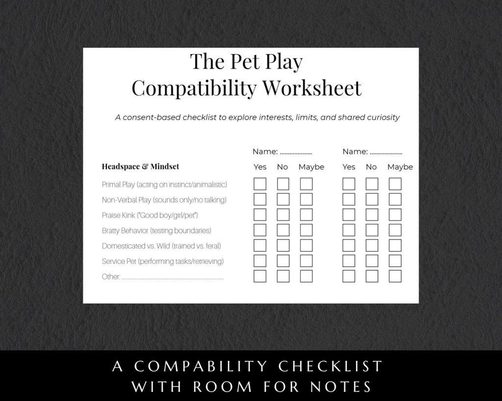 Pet Play Checklist for exploring non-sexual pet play activities, preferences and boundaries