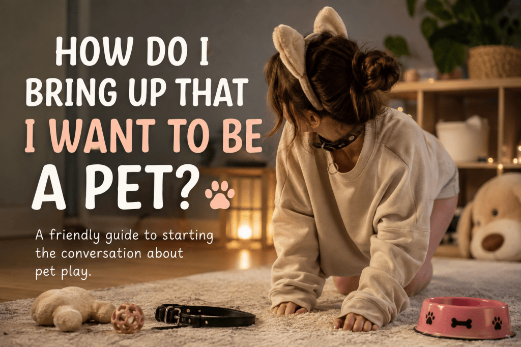 Adult wearing pet ears and a collar in a cosy room, illustrating a guide about talking to a partner about exploring pet play.