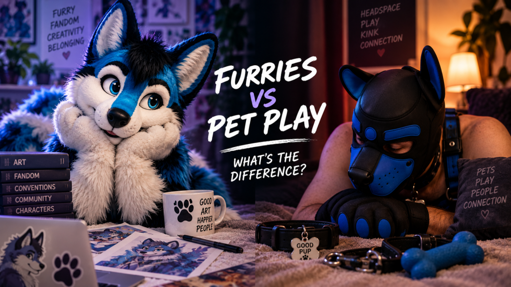 Furry character beside a person in pup play gear, illustrating the difference between furries and pet play